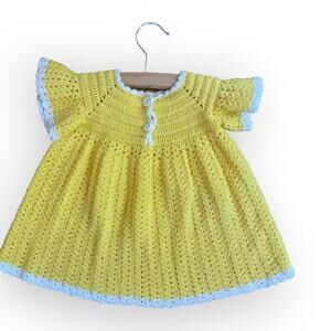 Vintage crochet baby dress (9-12 mos) bright yellow. EUC